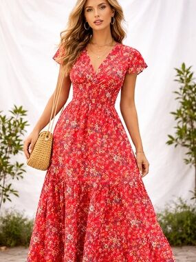 Anthropologie Red Floral Maxi Dress M Boho Cottagecore Cotton